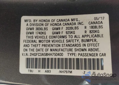 2017 Honda Civic Si z USA, uszkodzony, nr VIN 2HGFC3A58HH750400